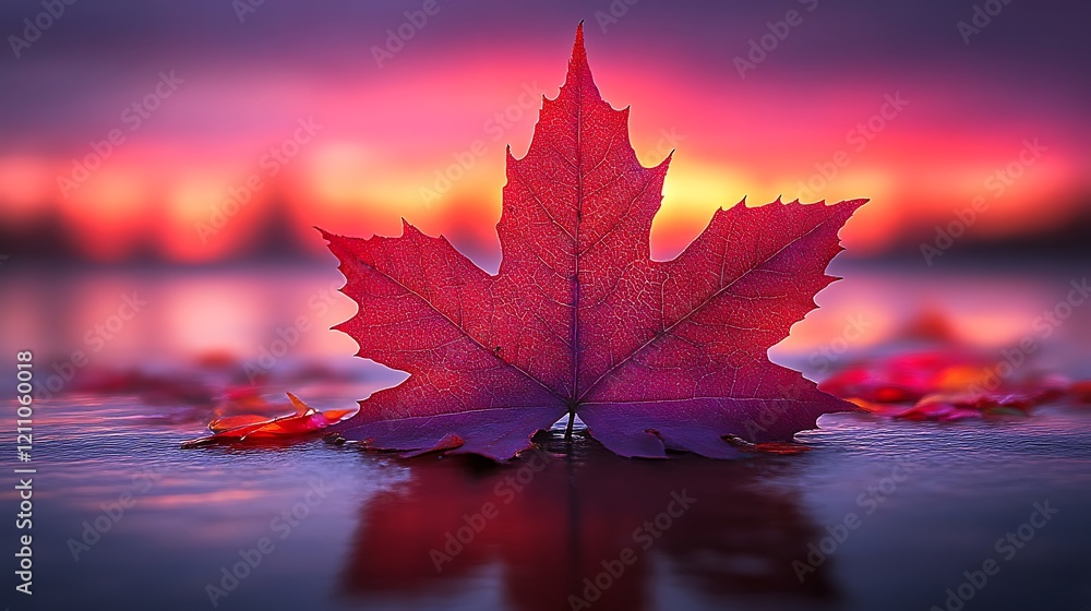 Red Maple Leaf at Sunset Water Reflection Red Maple Leaf at Sunset Water Reflection