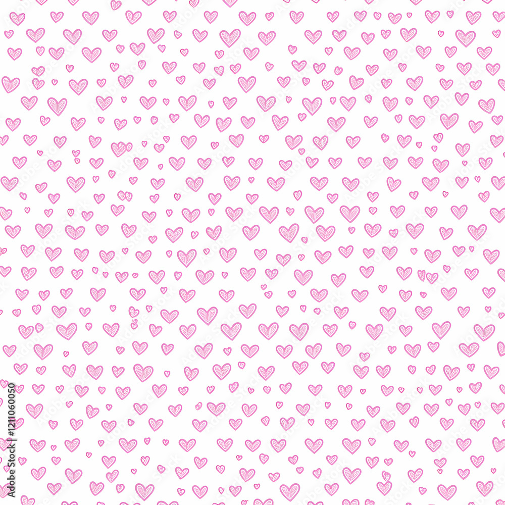 A pattern of hearts in pink is spread across a white background A pattern of hearts in pink is spread across a white background
