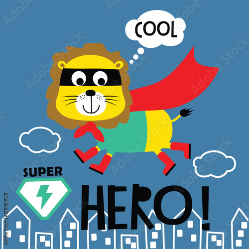 Cartoon lion superhero flying above a cityscape with a red cape and playful text on a blue background. Fun hero and adventure design concept
