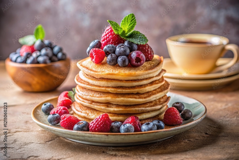 Aromatic Stack of Buttery Pancakes Topped with Fresh Raspberries and Blueberries, Served with a Side of Berries and a Cup of Coffee Aromatic Stack of Buttery Pancakes Topped with Fresh Raspberries and Blueberries, Served with a Side of Berries and a Cup of Coffee