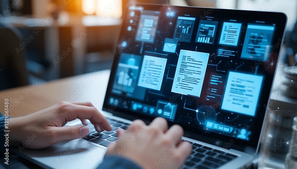 Person using laptop with futuristic digital interface showing data analysis and document management Person using laptop with futuristic digital interface showing data analysis and document management