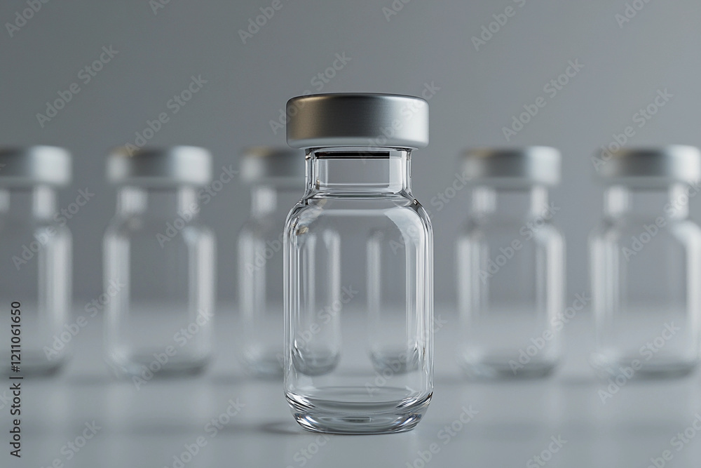 Glass vials arranged in a row with one centered on a reflective surface illuminating their clarity