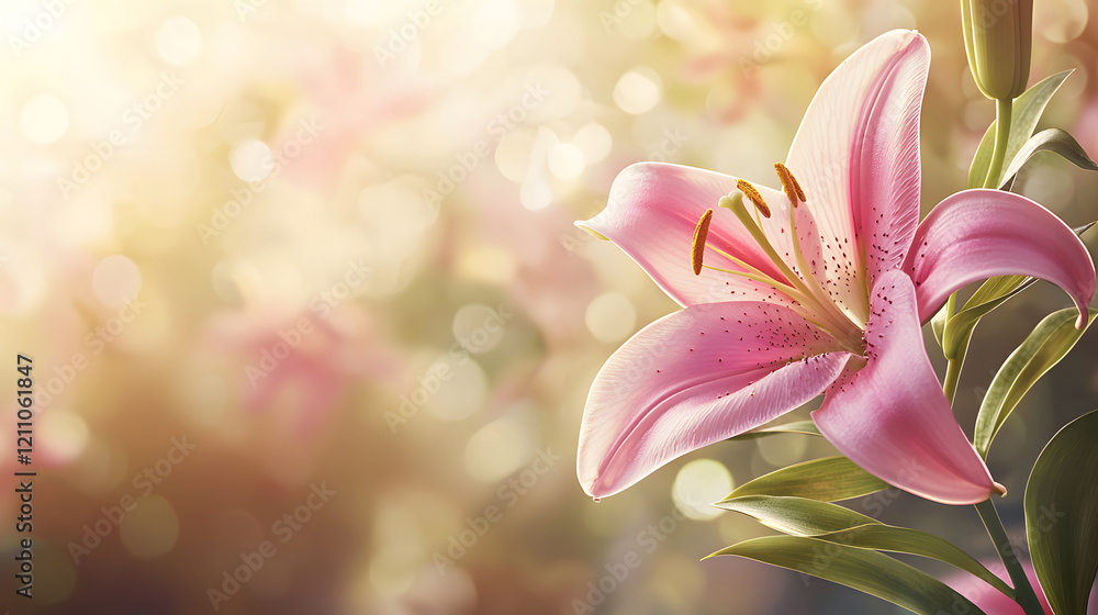 Fototapeta premium vibrant pink lily in natural outdoor setting, illuminated by soft sunlight and surrounded by dreamy bokeh background, creating serene and enchanting atmosphere