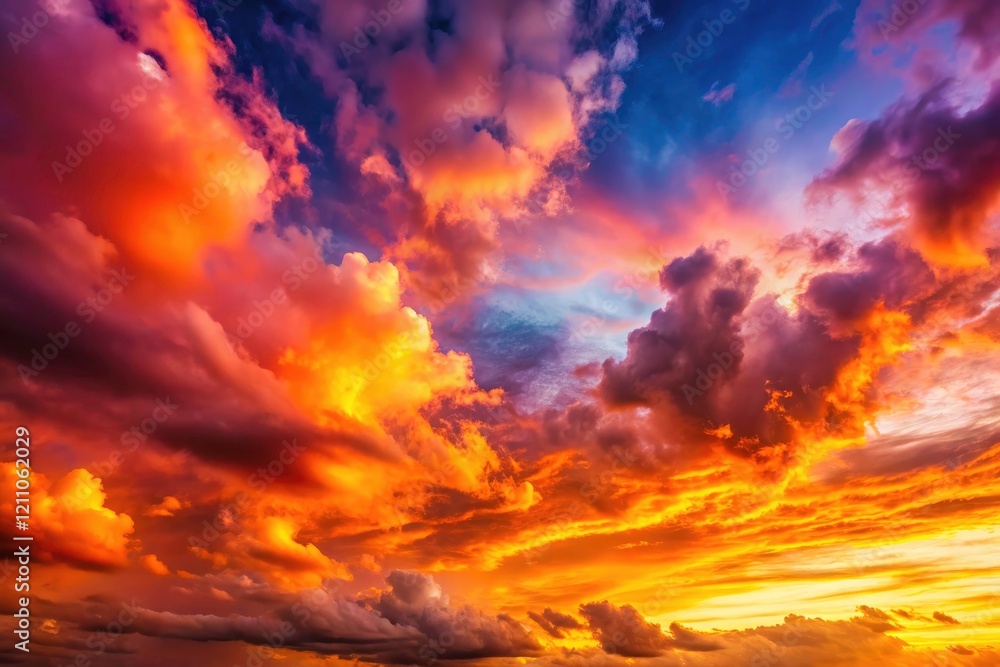 Fototapeta premium Vibrant evening sky, golden hour light paints breathtaking cloud formations, creating a stunning sunset gradient backdrop.
