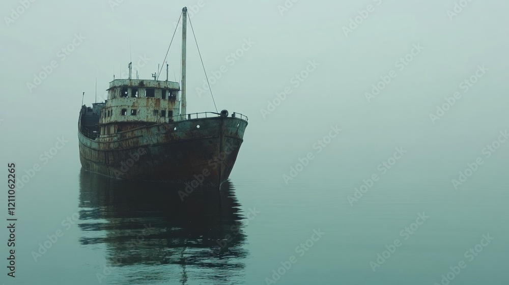 An abandoned ship rests in a foggy landscape, reflecting on still waters. An abandoned ship rests in a foggy landscape, reflecting on still waters.