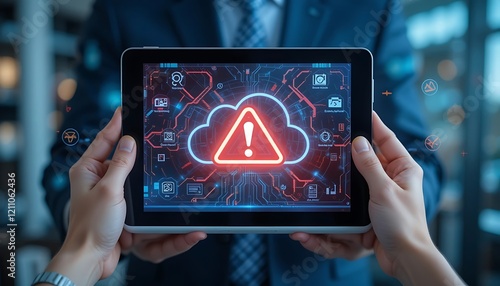 Cloud server data breach warning alert on digital tablet screen, cybersecurity risk and data protection concept