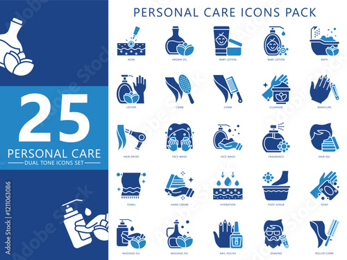 Personal care dual tone icons set, contain lotion, comb, soap, skincare, acne, fragrance, towel, oil and more. For print, digital concept, UI or UX kit, web and app. vector EPS 10 for health, beauty.