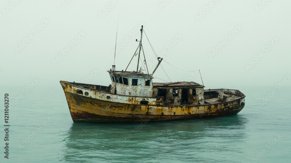 An abandoned, rusted fishing boat adrift in foggy waters. An abandoned, rusted fishing boat adrift in foggy waters.