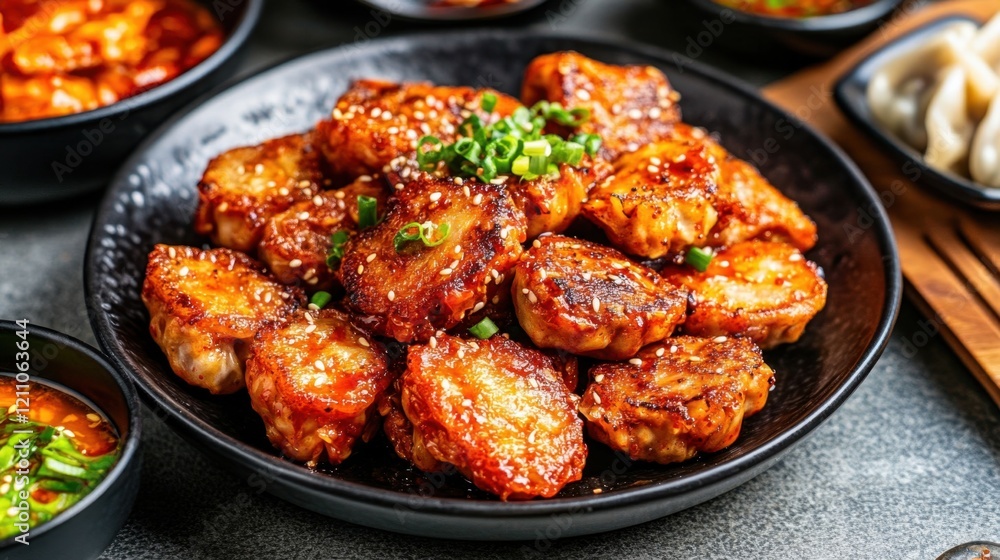 Spicy Kimchi Pork Dumplings Served on a Black Plate with Garnish Spicy Kimchi Pork Dumplings Served on a Black Plate with Garnish