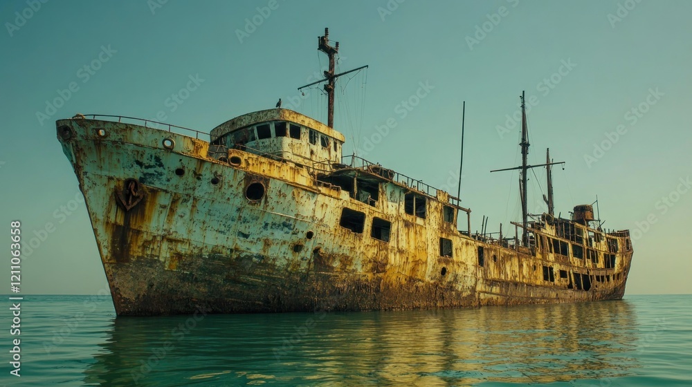 An abandoned, rusted shipwreck partially submerged in calm waters under a clear sky. An abandoned, rusted shipwreck partially submerged in calm waters under a clear sky.