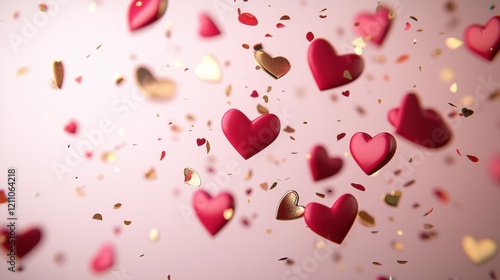 Floating hearts and confetti creating a romantic atmosphere
