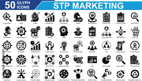 STP Marketing Icon Set Collection. Containing Market Analysis, Marketing Growth, Market Trend, Consumer Behaviour, Target Audience, Strategy, Brand Positioning.  Simple Glyph Vector Illustration.