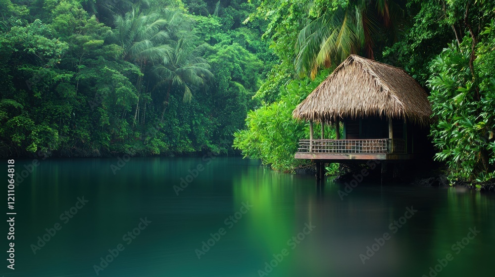 Tranquil tropical hut by serene emerald waters