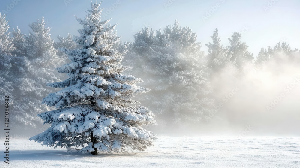 Fototapeta premium majestic snow-covered pine tree standing solitary in pristine white meadow, morning mist creating ethereal atmosphere, winter wonderland scene