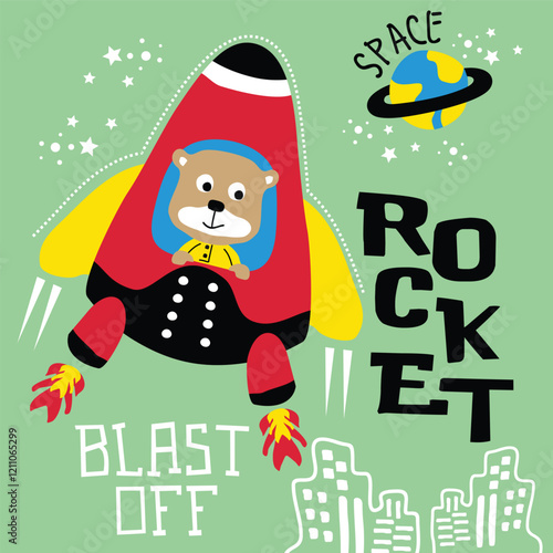 Cartoon bear astronaut piloting a red space rocket blasting off into a starry sky with planets on a green background. Space adventure and exploration design concept
