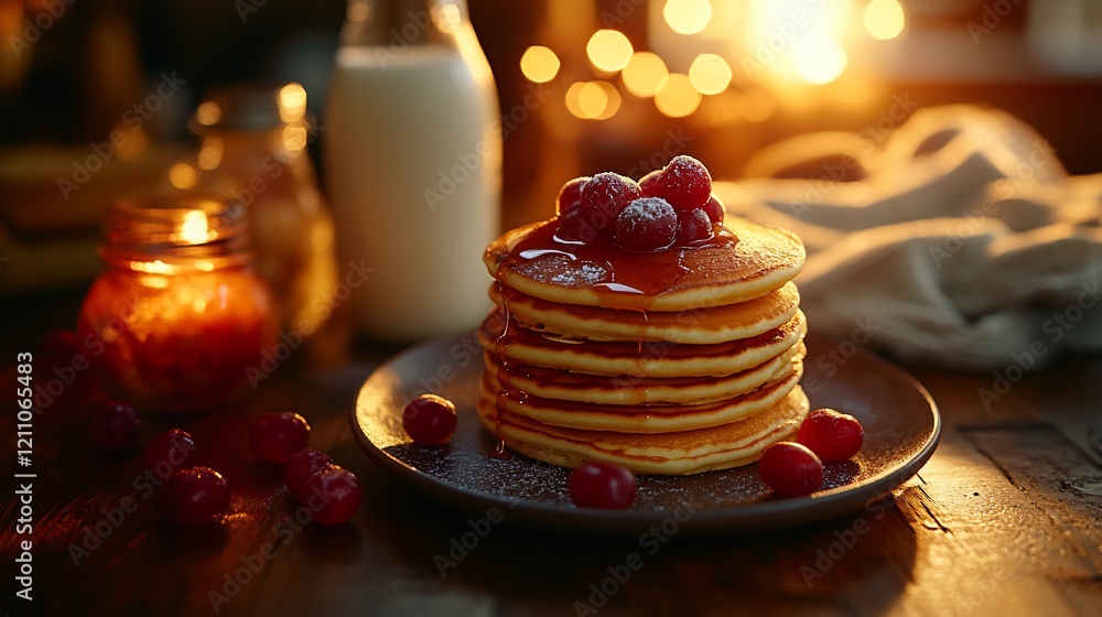 Stack of pancakes with cranberries and syrup, milk, candlelight. Stack of pancakes with cranberries and syrup, milk, candlelight.