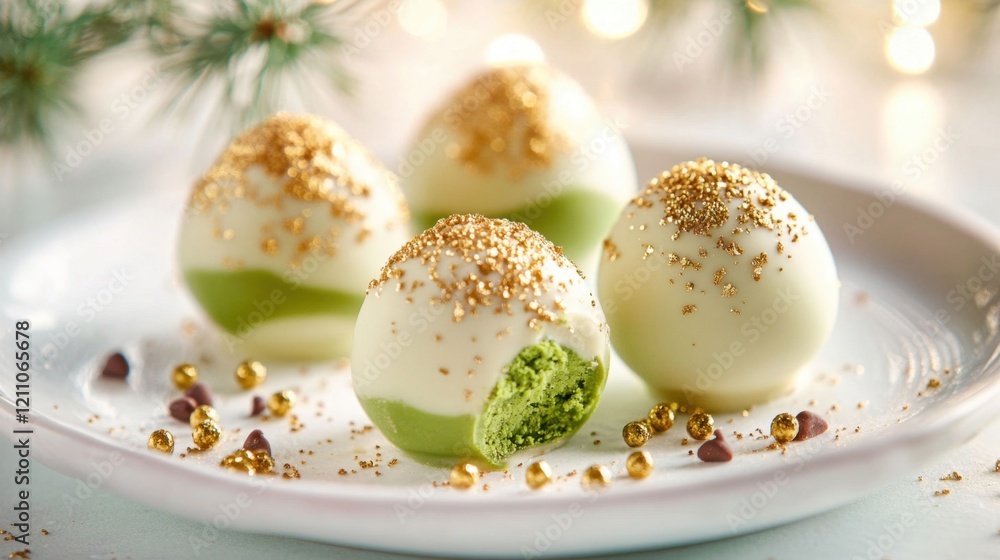 Elegant Matcha and White Chocolate Truffles with Gold Dusting Elegant Matcha and White Chocolate Truffles with Gold Dusting