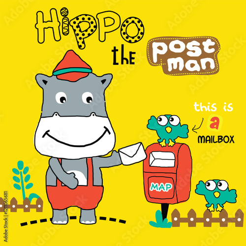 Cartoon hippo dressed as a postman delivering a letter to a mailbox with two birds on a yellow background. Postal service and cheerful design concept
