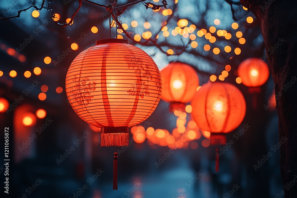 Illuminated Chinese Lanterns Hanging From Tree Branches Illuminated Chinese Lanterns Hanging From Tree Branches