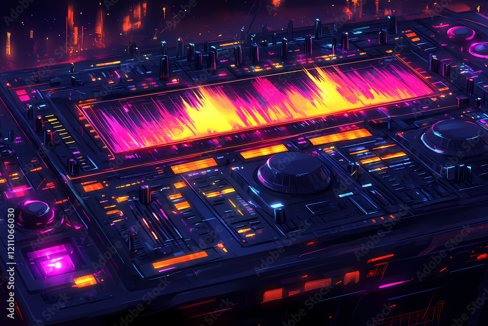 A glowing digital DJ mixing neon soundwaves on a radiant holographic console A glowing digital DJ mixing neon soundwaves on a radiant holographic console