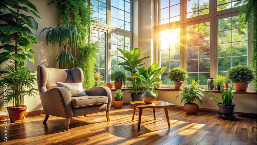 Fototapeta premium Sunlit Room: Hardwood Floor, Armchair, Plants, Large Window Photography