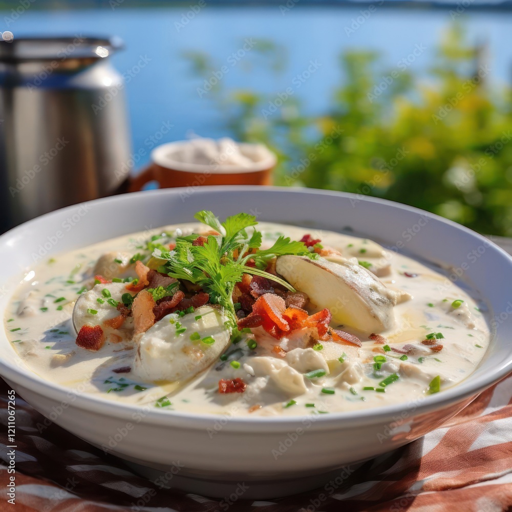 A bowl of creamy soup with garnishes, possibly a type of chowder or bisque. A bowl of creamy soup with garnishes, possibly a type of chowder or bisque.