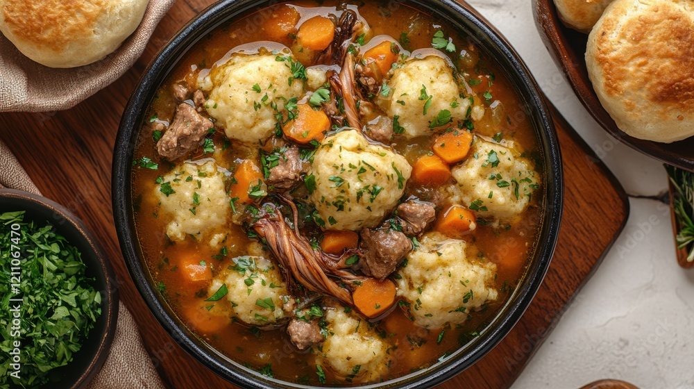 Hearty beef stew with fluffy dumplings, carrots, and parsley. Perfect for showcasing comfort food or autumnal themes. Hearty beef stew with fluffy dumplings, carrots, and parsley. Perfect for showcasing comfort food or autumnal themes.