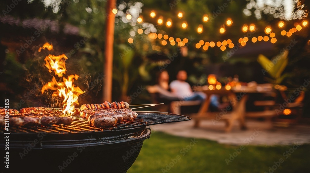 Barbecue grill sizzling with juicy meats, flames dancing, friends enjoying outdoor celebration with string lights twinkling in background, peaceful evening gathering, summer joy. Barbecue grill sizzling with juicy meats, flames dancing, friends enjoying outdoor celebration with string lights twinkling in background, peaceful evening gathering, summer joy.
