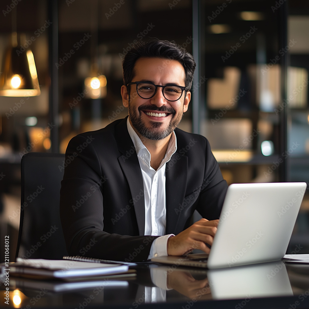 Una ejecutiva hispana sofisticada trabajando en un portátil en una oficina moderna y elegante, con una sonrisa confiada y documentos bien organizados. Una ejecutiva hispana sofisticada trabajando en un portátil en una oficina moderna y elegante, con una sonrisa confiada y documentos bien organizados.