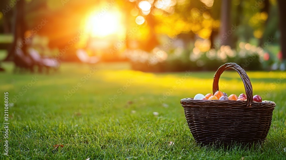 Colorful Easter eggs nestled in wicker basket on lush green grass, warm sunlight shining through trees, celebrating springtime joy and festive holiday traditions, copy space. Colorful Easter eggs nestled in wicker basket on lush green grass, warm sunlight shining through trees, celebrating springtime joy and festive holiday traditions, copy space.