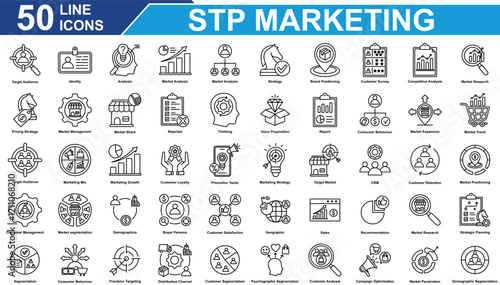 STP Marketing Icon Set Collection. Containing Market Analysis, Marketing Growth, Market Trend, Consumer Behaviour, Target Audience, Strategy, Brand Positioning.  Simple Line Vector Illustration.