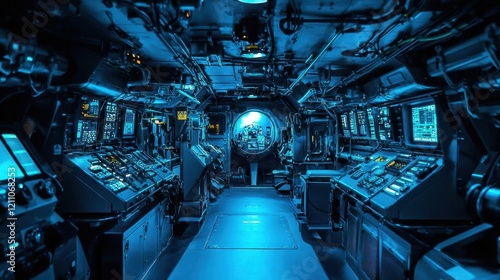 modern submarine interior with blue-tinted lighting, advanced control panels glowing in darkness, periscope view, sleek metallic surfaces reflecting emergency lights photo