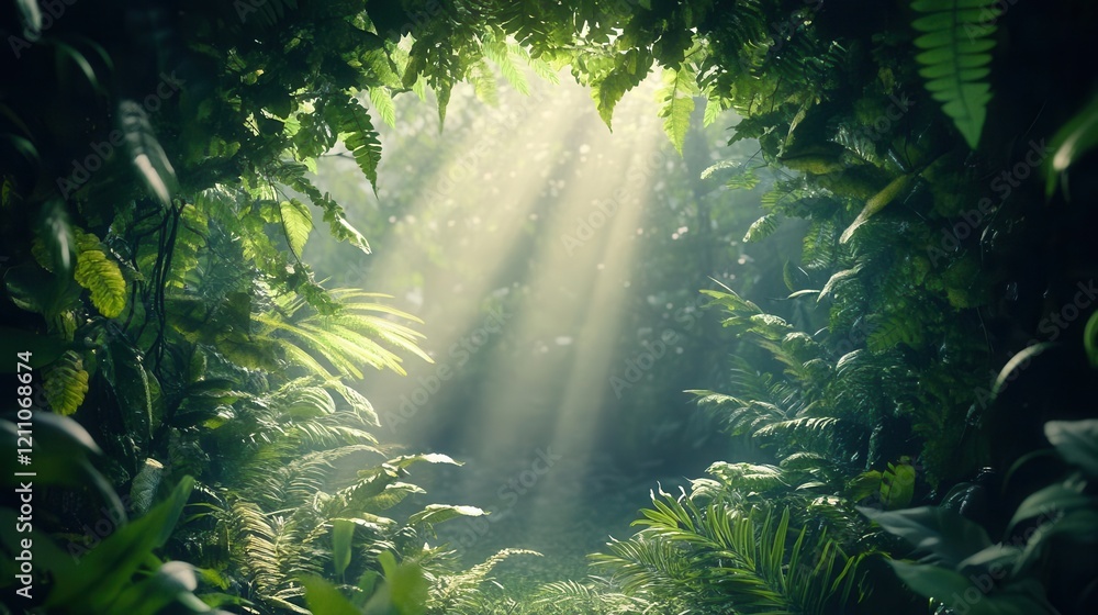 mystical emerald forest portal frame, dense botanical elements creating a natural doorway, rays of sunlight filtering through leaves, misty atmosphere mystical emerald forest portal frame, dense botanical elements creating a natural doorway, rays of sunlight filtering through leaves, misty atmosphere