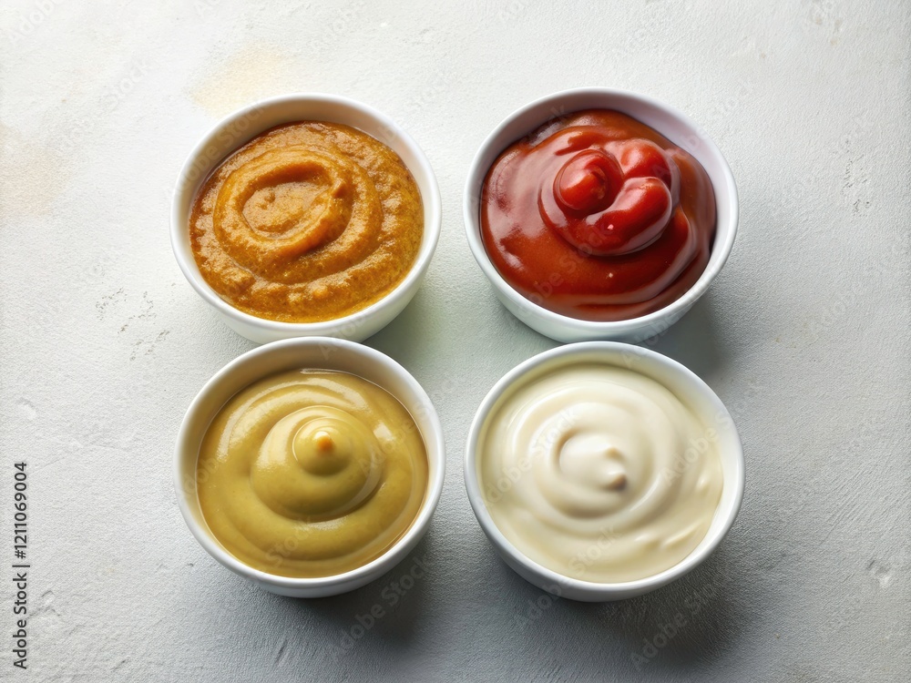 Top View Sauces Collection: Mustard, Burger Sauce, Ketchup, Tartar in White Bowls - Food Photography Top View Sauces Collection: Mustard, Burger Sauce, Ketchup, Tartar in White Bowls - Food Photography