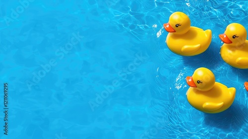 Three yellow rubber ducks float on a bright blue water surface.  Copy space available.
