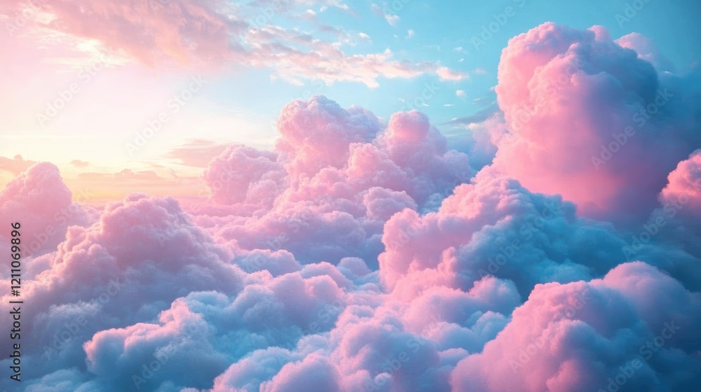 A stunning view of fluffy pink and blue clouds illuminated by the warm glow of a sunset, creating a serene and artistic sky scene. A stunning view of fluffy pink and blue clouds illuminated by the warm glow of a sunset, creating a serene and artistic sky scene.