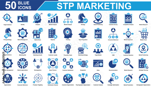 STP Marketing Icon Set Collection. Containing Market Analysis, Marketing Growth, Market Trend, Consumer Behaviour, Target Audience, Strategy, Brand Positioning.  Simple Blue Vector Illustration.