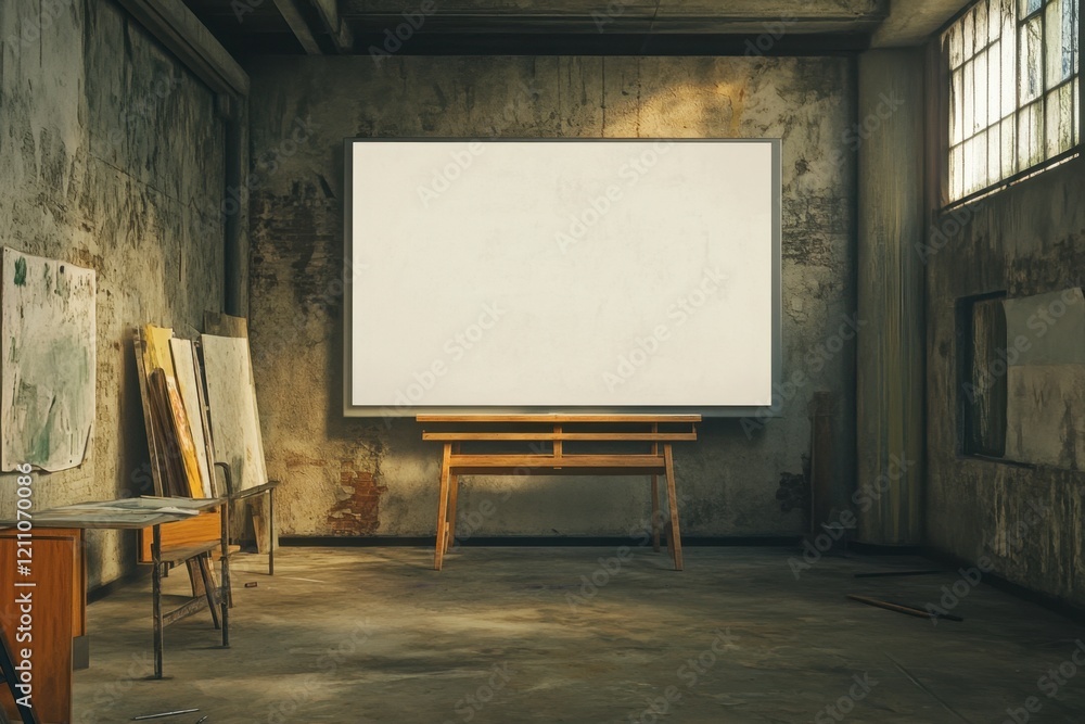 Empty Art Studio with Blank Canvas on Stand in Natural Light Empty Art Studio with Blank Canvas on Stand in Natural Light