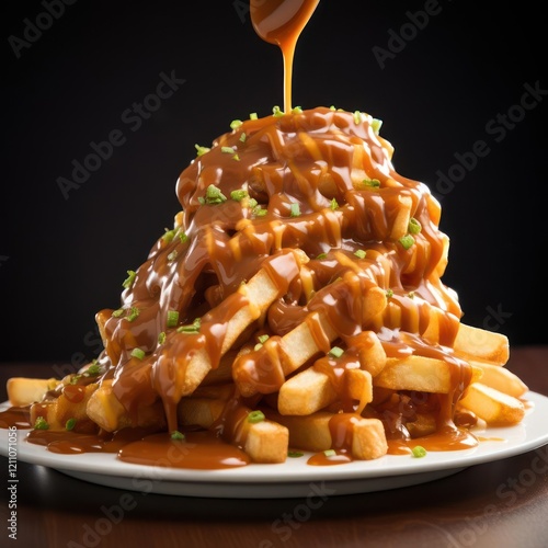 A plate of poutine, a Canadian dish consisting of French fries topped with cheese curds and gravy. photo