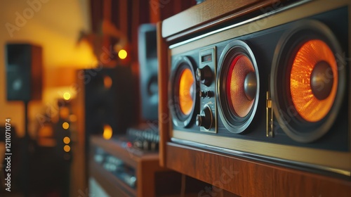 retro hi-fi audio system tower with warm wood veneer, stacked vintage speakers, analog vu meters glowing amber, brushed aluminum details, dramatic side lighting photo