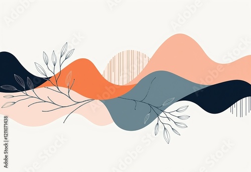 洗練されたミニマリストアート：純粋な白い背景にシンプルな線、幾何学的な形、ミュートされた色を持つシームレスパターン。

