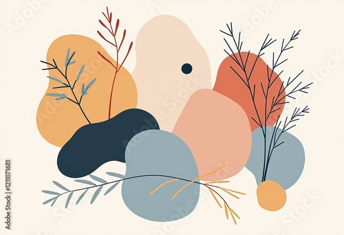 ミニマリストアートシリーズ：シンプルな線と形、ミュートされた色、幾何学的な形。純粋な白の上のモダンで洗練されたシームレスパターン。

