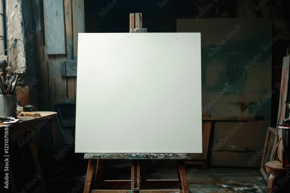 Blank Canvas on Easel Ready for Artistic Creation in Studio Blank Canvas on Easel Ready for Artistic Creation in Studio