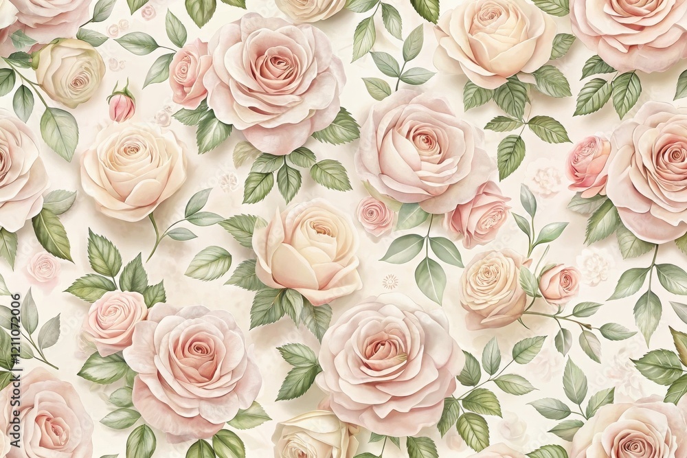 A Delicate Tapestry of Pastel Roses and Verdant Foliage, a Seamless Floral Pattern for Elegant Designs A Delicate Tapestry of Pastel Roses and Verdant Foliage, a Seamless Floral Pattern for Elegant Designs