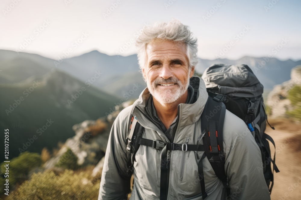 Senior man hiking in the mountains. He is looking at camera and smiling. Senior man hiking in the mountains. He is looking at camera and smiling.