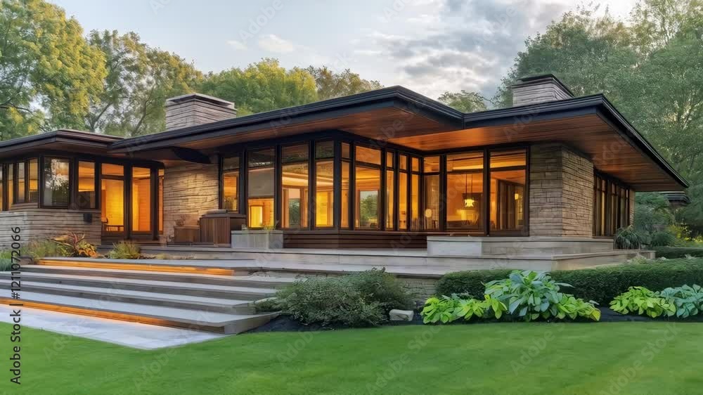 Modern glass house at sunset with lush greenery highlighting architectural elegance Modern glass house at sunset with lush greenery highlighting architectural elegance