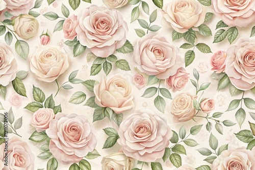 A Delicate Tapestry of Pastel Roses and Verdant Foliage, a Seamless Floral Pattern for Elegant Designs