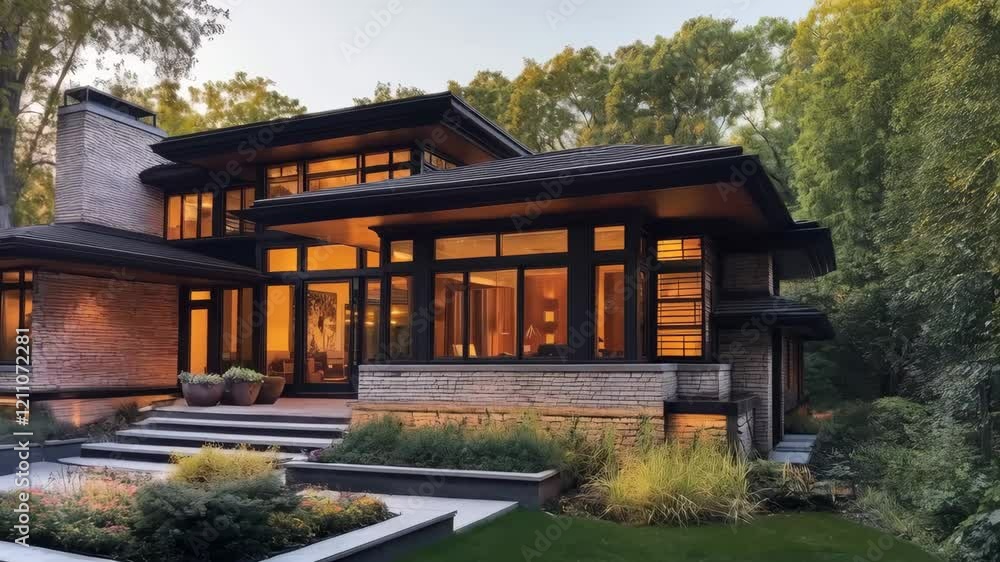 Modern architectural design of illuminated house surrounded by lush greenery Modern architectural design of illuminated house surrounded by lush greenery