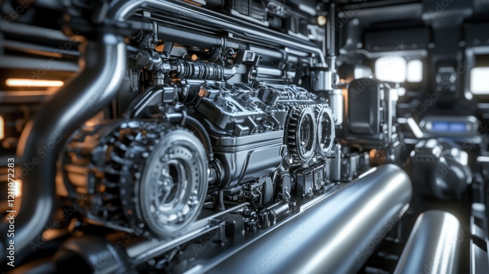 Futuristic engine, close-up, workshop, glowing background, automotive design Futuristic engine, close-up, workshop, glowing background, automotive design