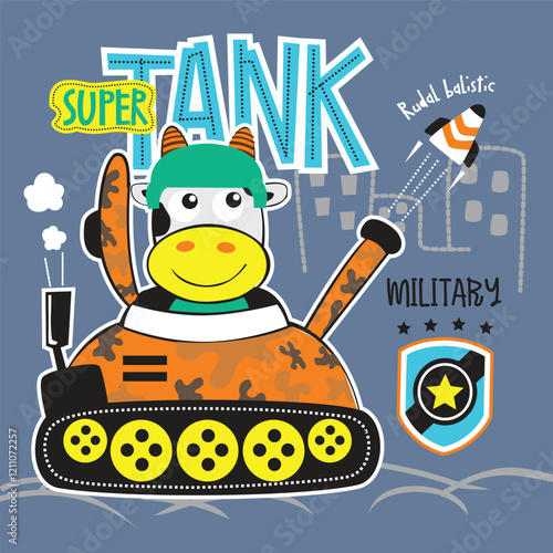 Cartoon cow driving a camouflaged tank with rocket and badge elements on a playful military background. Children’s adventure design concept
